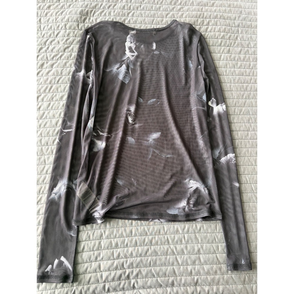 Rebecca Minkoff Grey Floral Mesh Long Sleeve Top Crew Neck Rose Print Small - Picture 7 of 7
